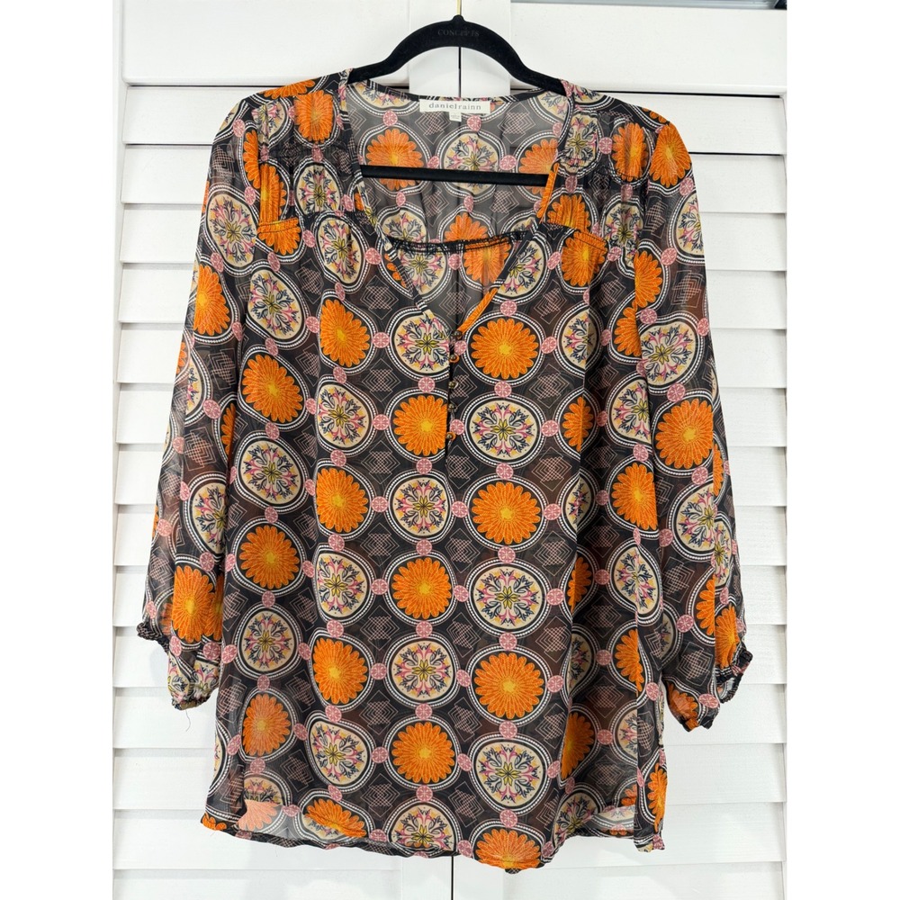 Daniel Rainn Orange Black Medallion Print 3/4 Sleeve Sheer Blouse Size L‎ Boho